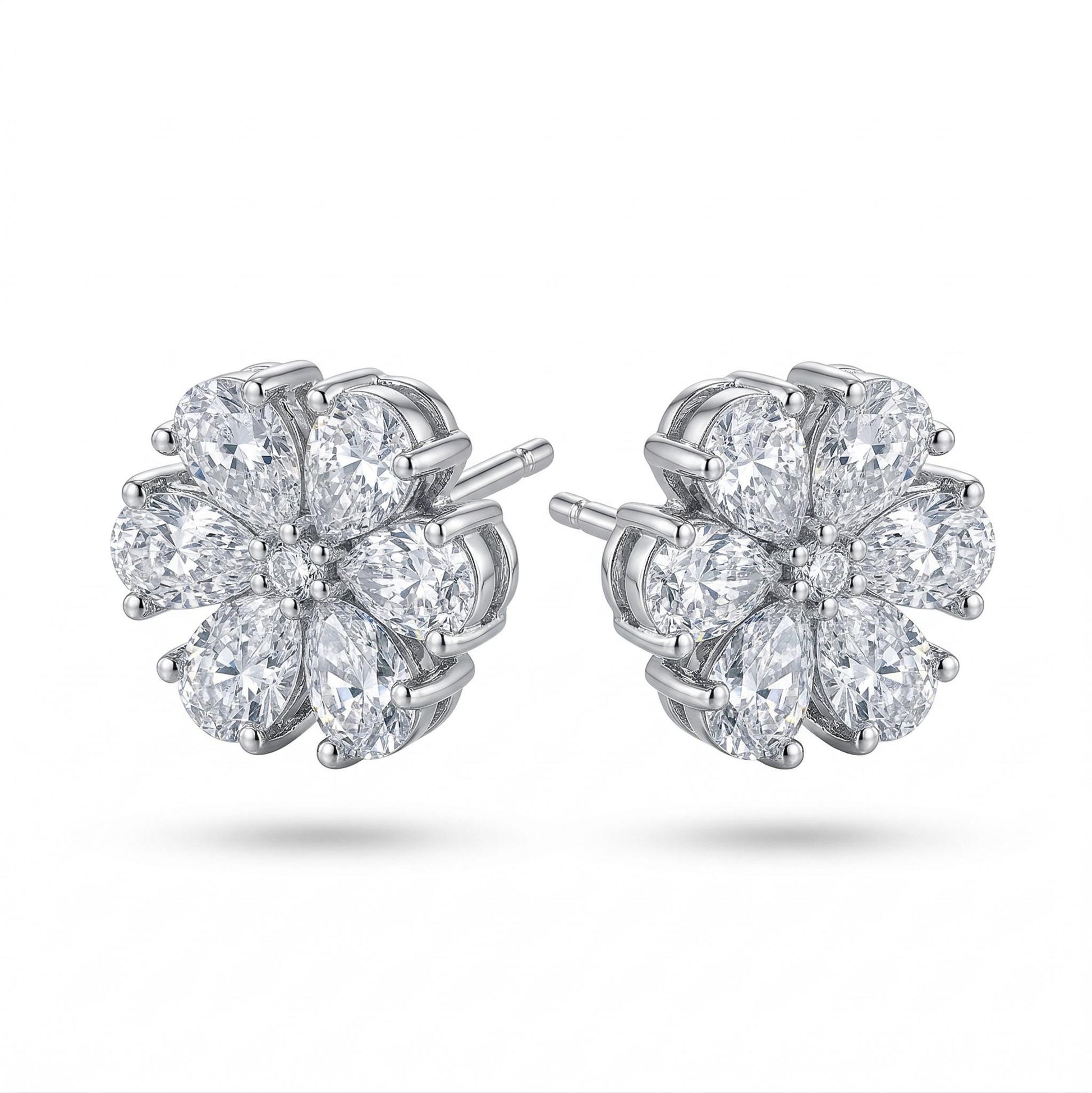 Angled pair of PT950 lab diamond flower cluster stud earrings