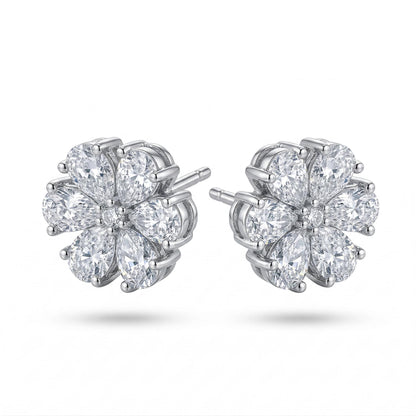 Angled pair of PT950 lab diamond flower cluster stud earrings