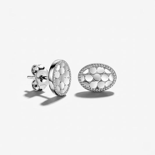 Solid PT950 platinum textured oval stud earrings with milgrain edge