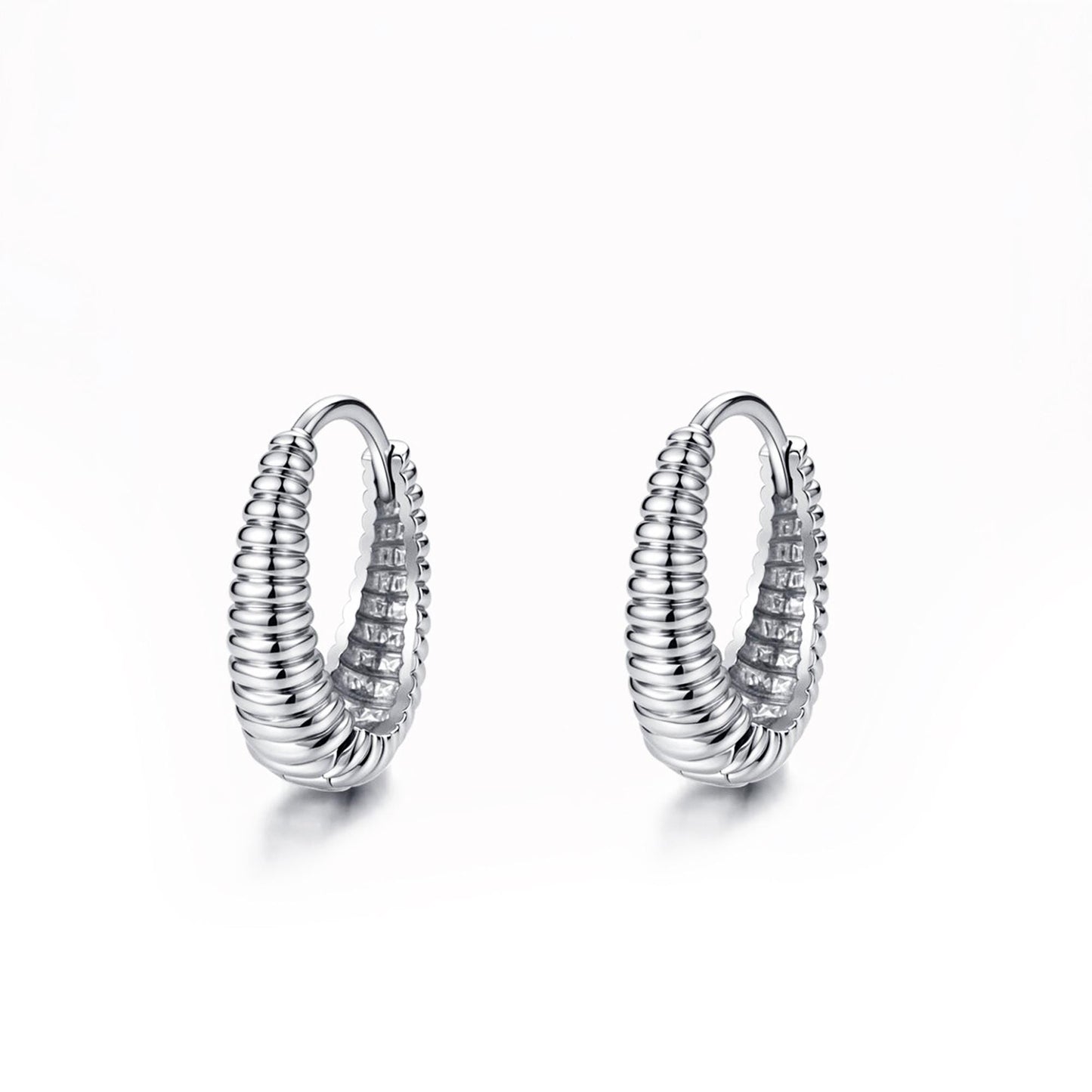 Pair of solid PT950 platinum ribbed 12mm huggie hoop earrings