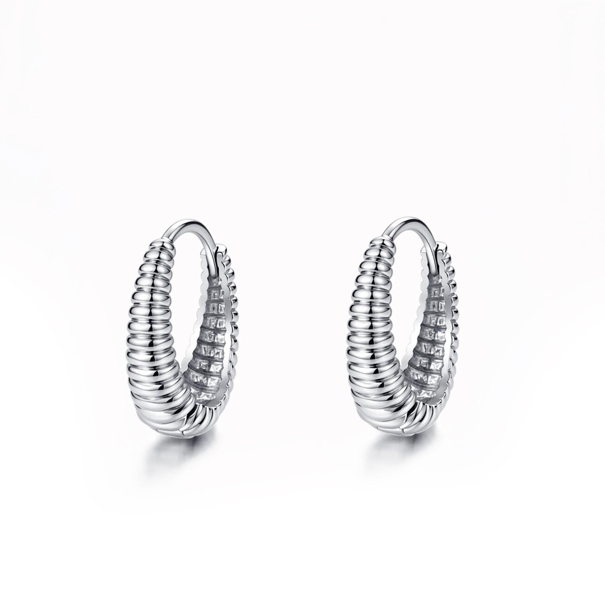 Pair of solid PT950 platinum ribbed 12mm huggie hoop earrings