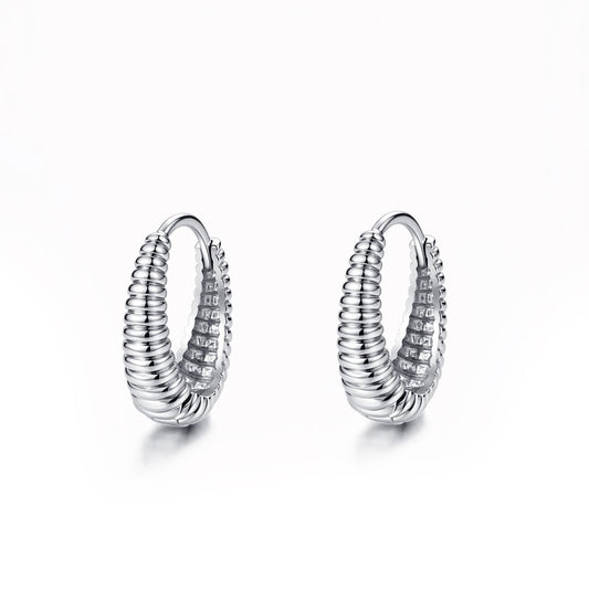Pair of solid PT950 platinum ribbed 12mm huggie hoop earrings