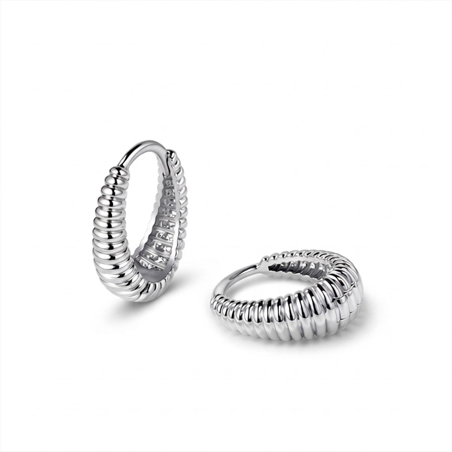 Angled pair of solid PT950 ribbed huggie hoop earrings