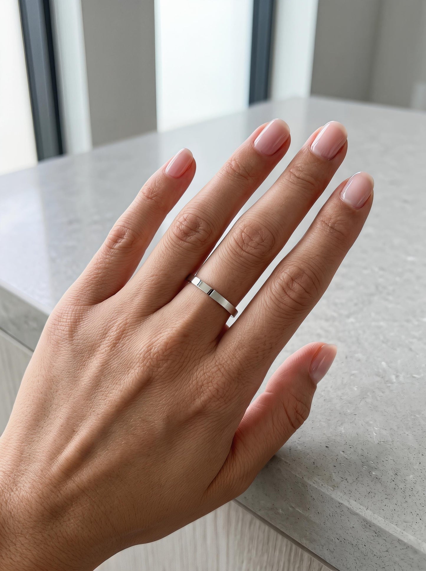 PT950 platinum dual finish wedding band 2mm worn view
