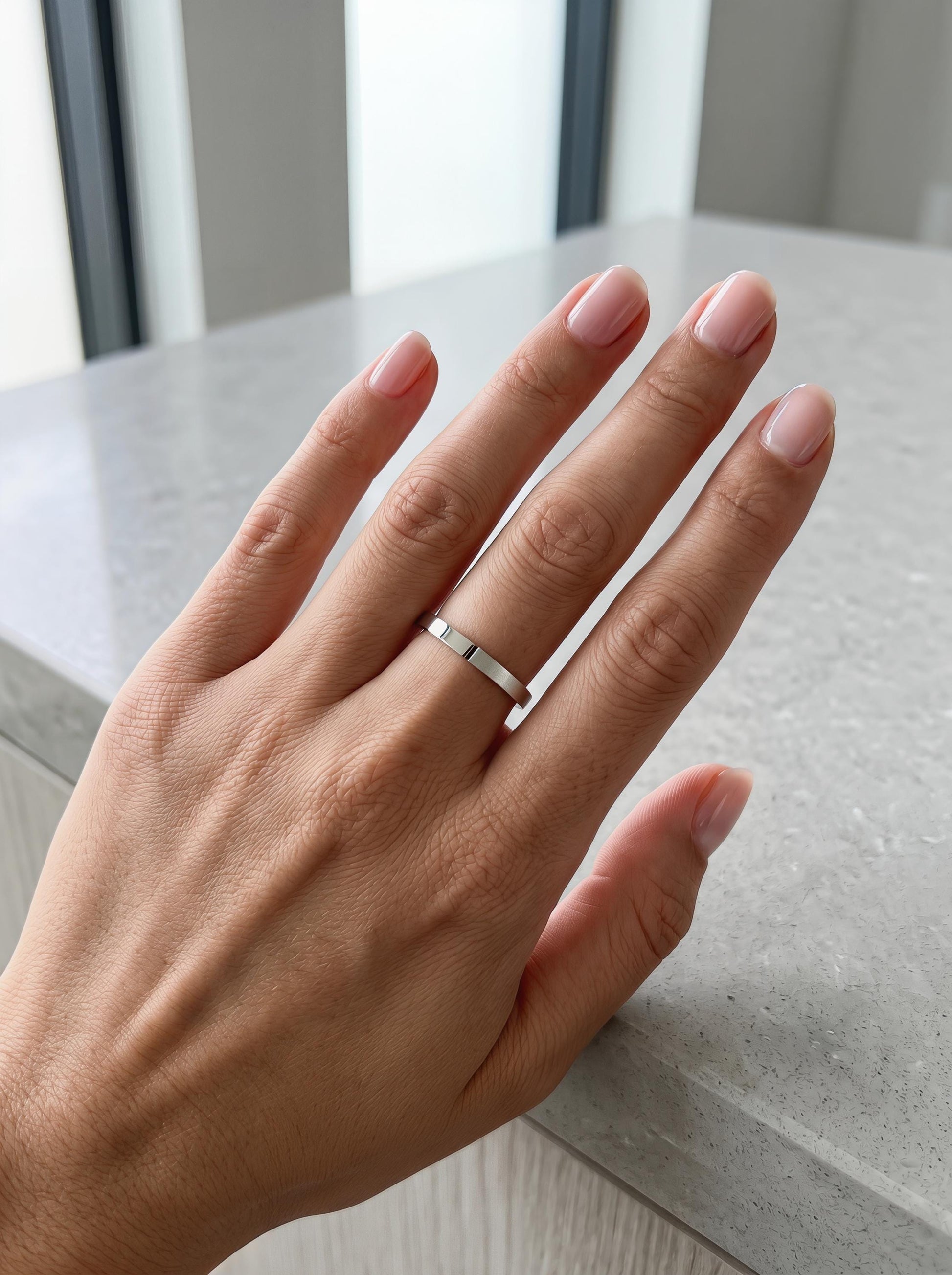 PT950 platinum dual finish wedding band 2mm worn view