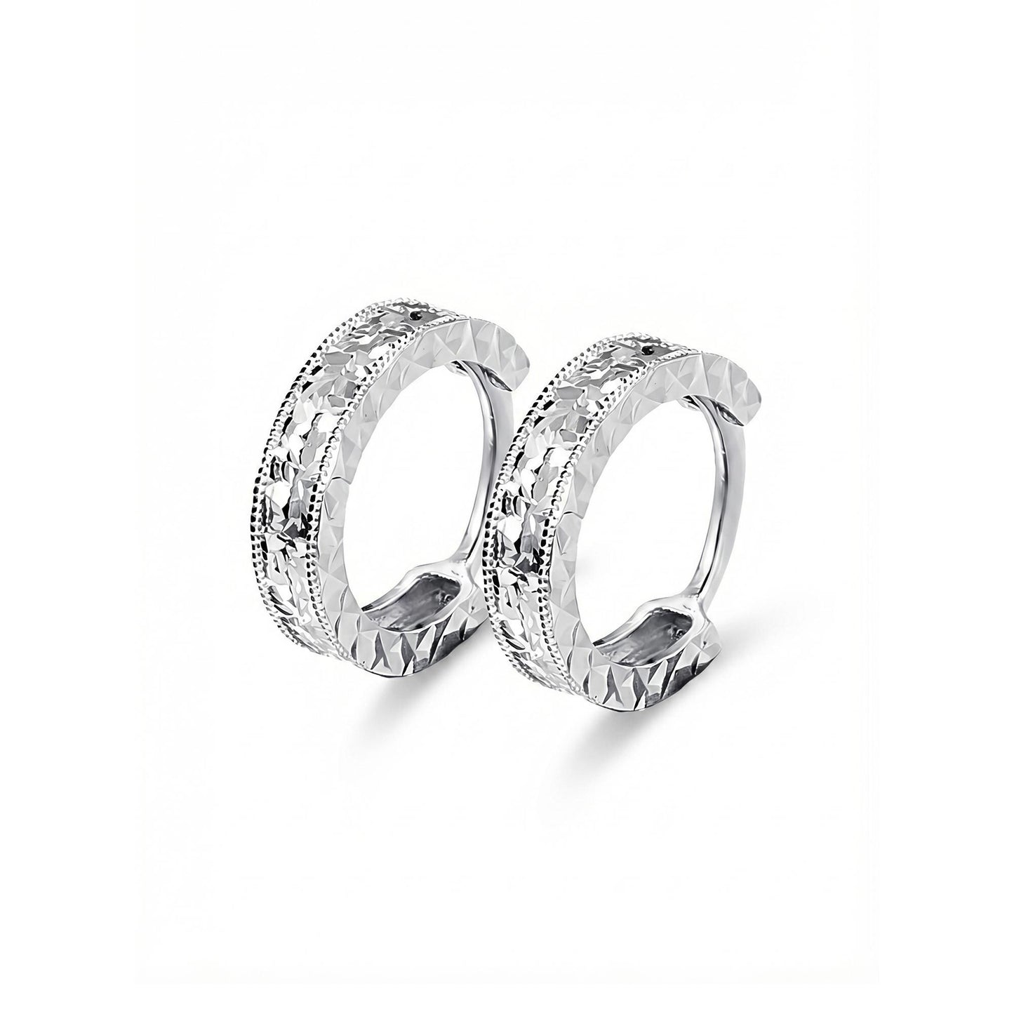 Pair of solid PT950 diamond-cut milgrain huggie earrings