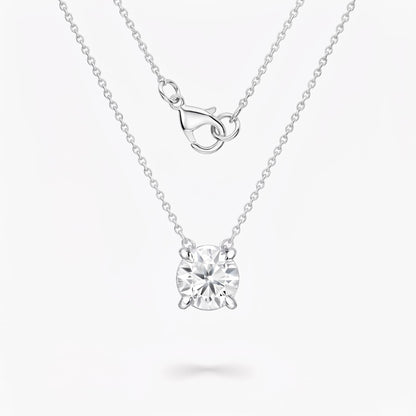 Front view of diamond solitaire necklace with platinum chain and clasp