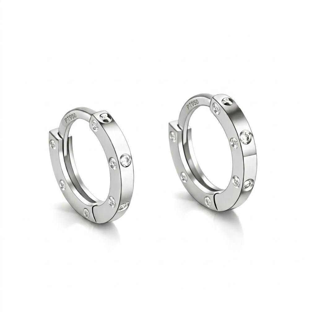 Pair of solid PT950 platinum 6mm huggie hoops on white