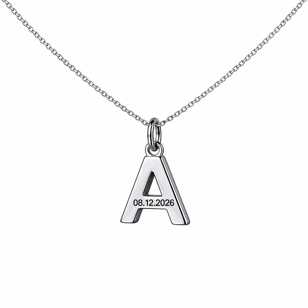Letter A platinum pendant with personalised date engraving example