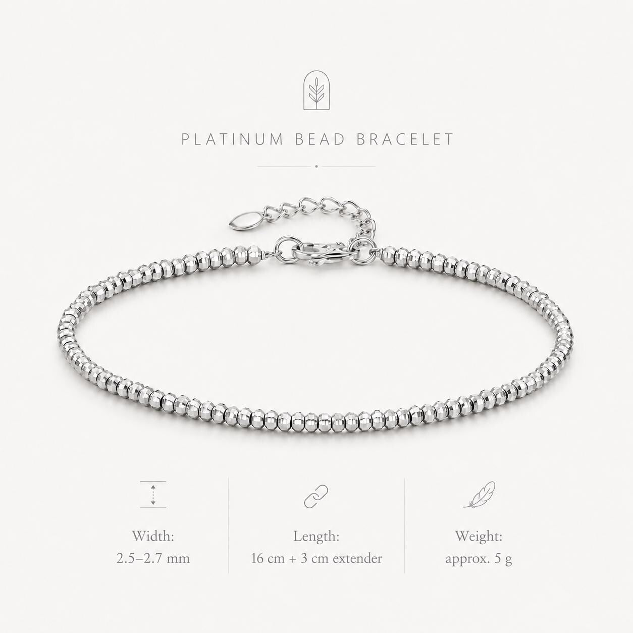 PT950 faceted bead bracelet width length and weight guide