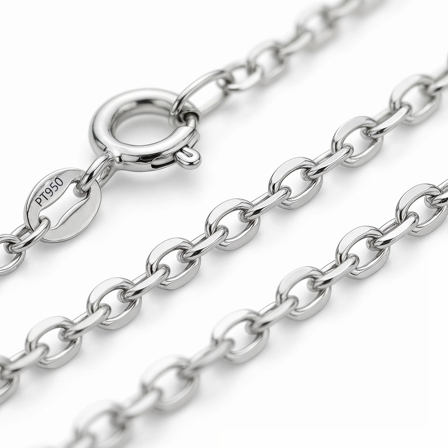 Macro view of fine PT950 platinum cable chain with spring ring clasp