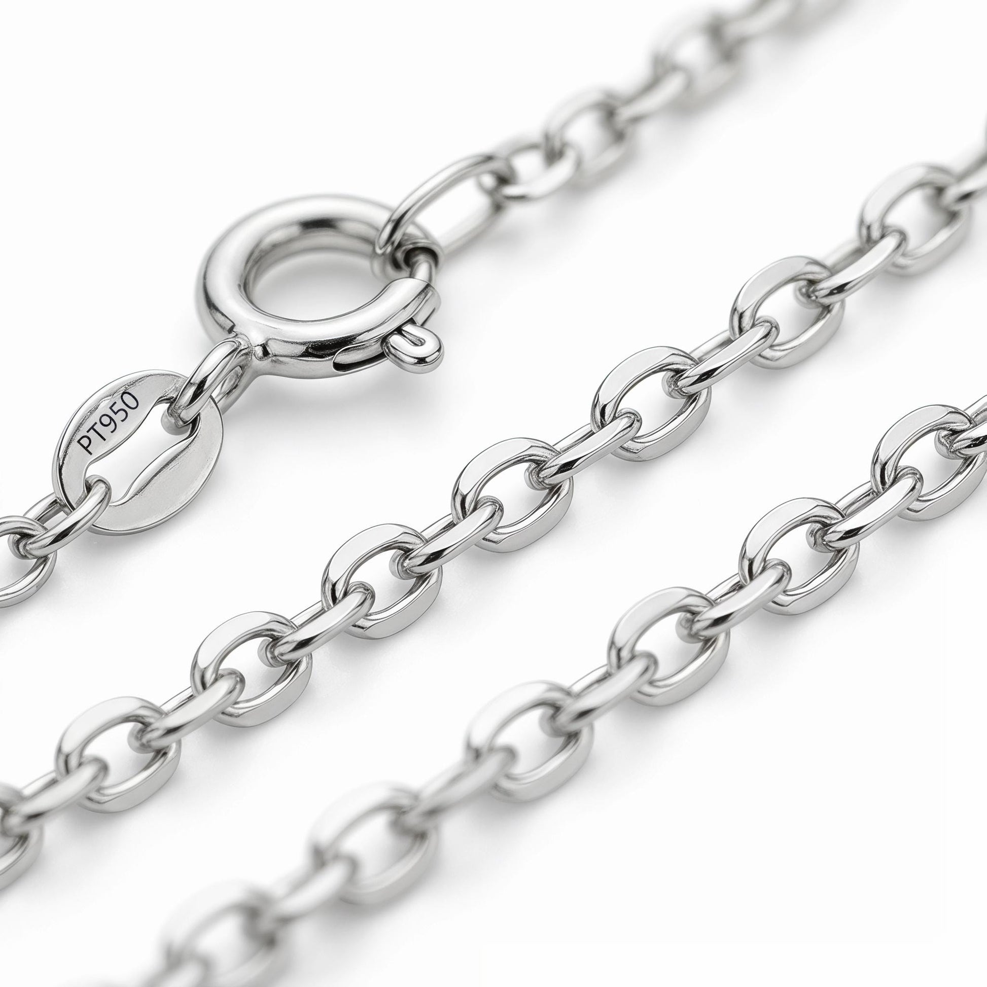 Macro view of fine PT950 platinum cable chain with spring ring clasp