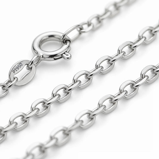 Macro view of fine PT950 platinum cable chain with spring ring clasp