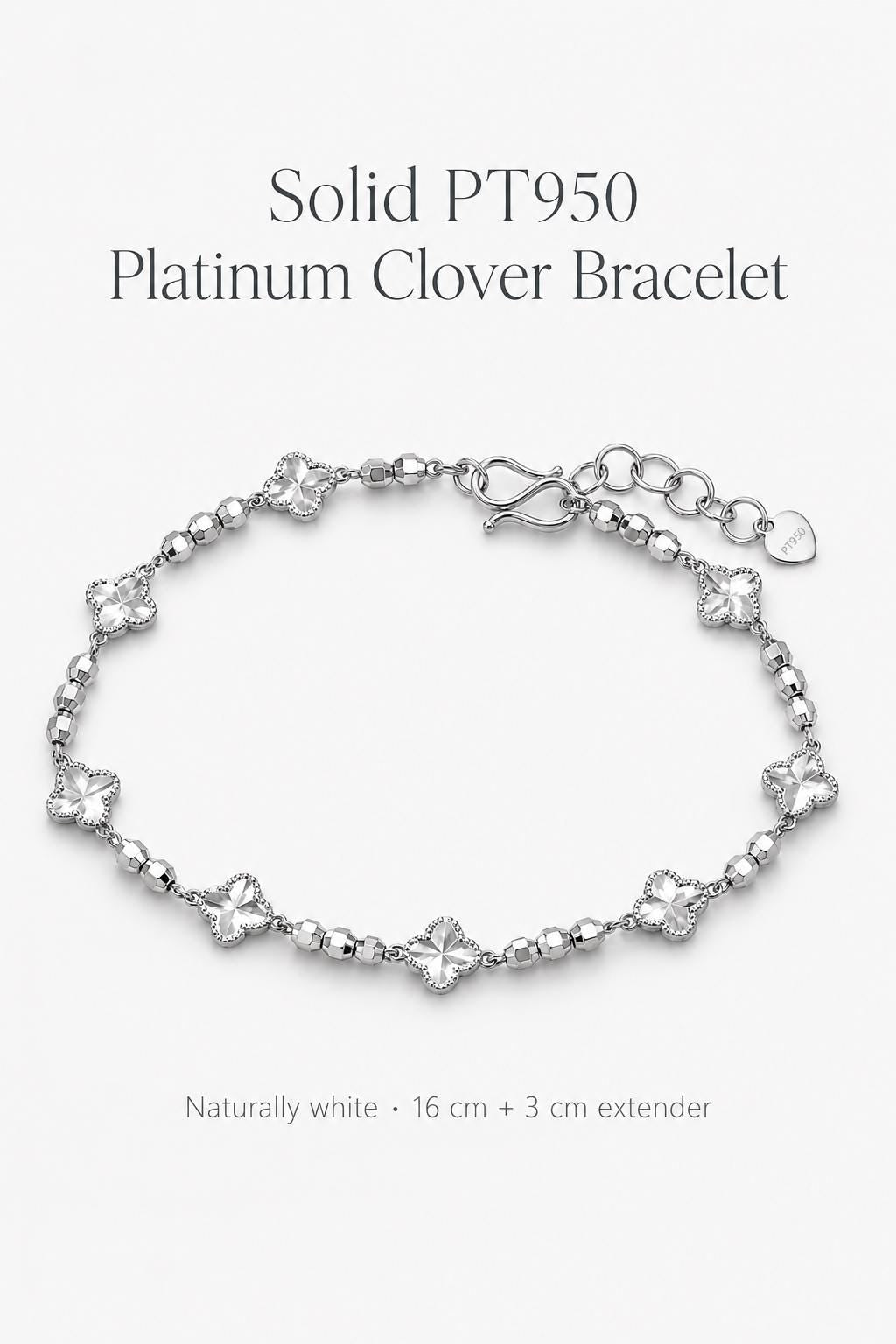 Full view of PT950 clover bracelet with extender