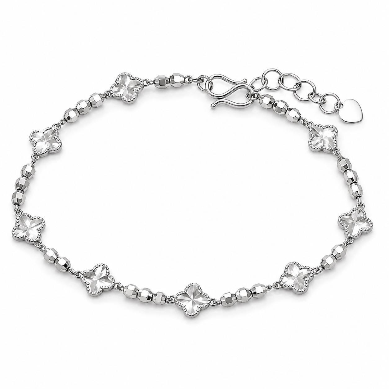 Solid PT950 platinum clover and bead bracelet on white