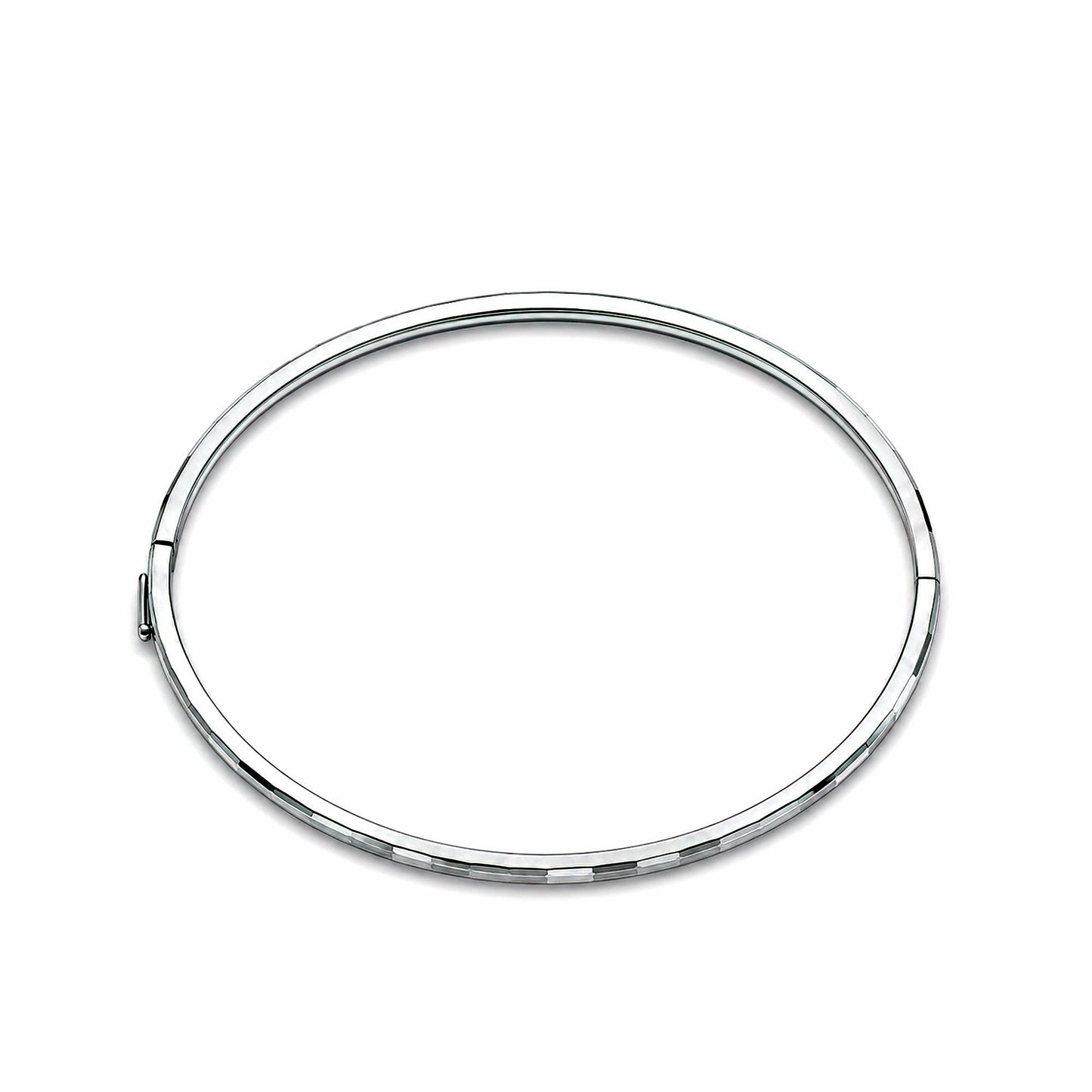 Open view showing hinge on oval platinum bangle
