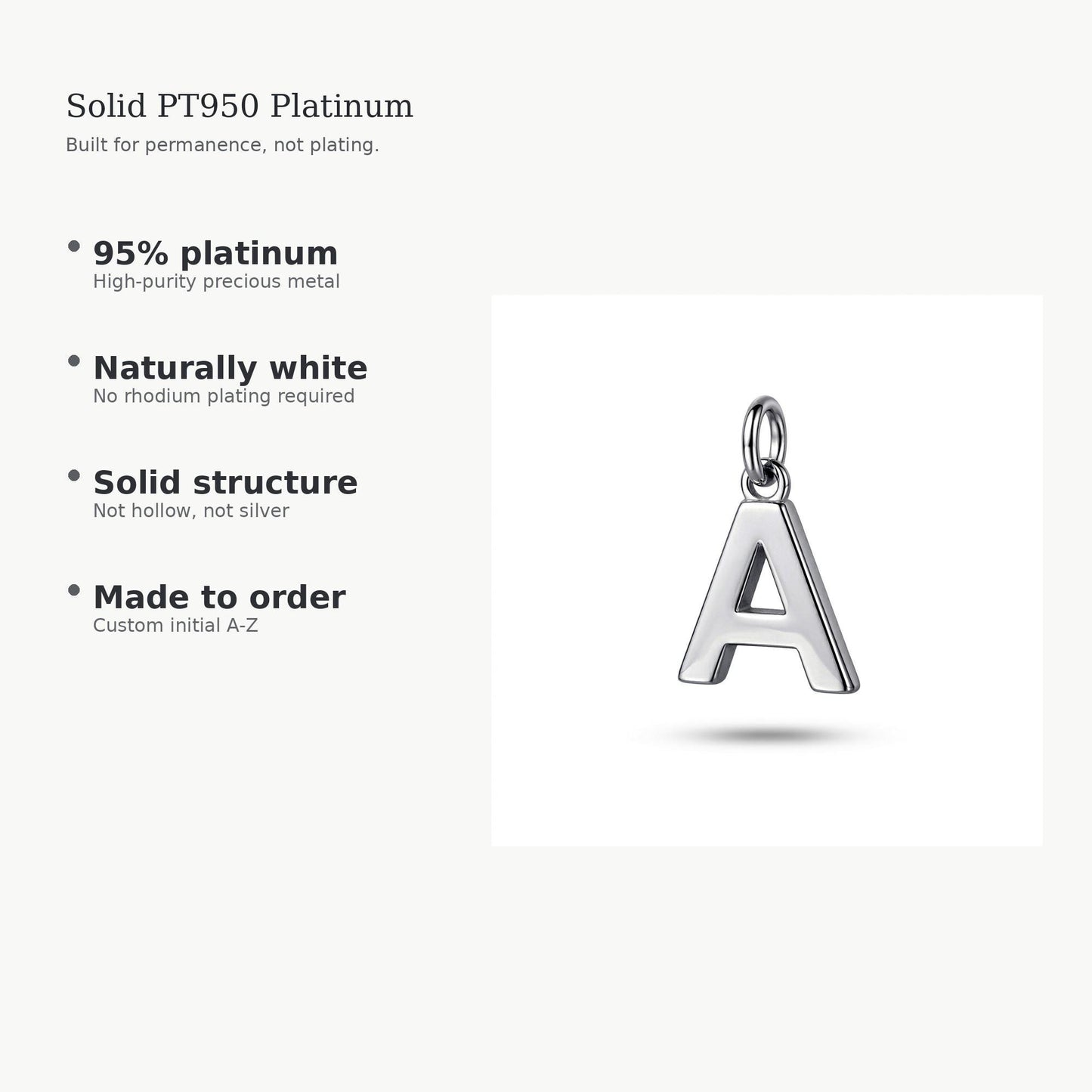 PT950 platinum initial pendant material and made-to-order guide
