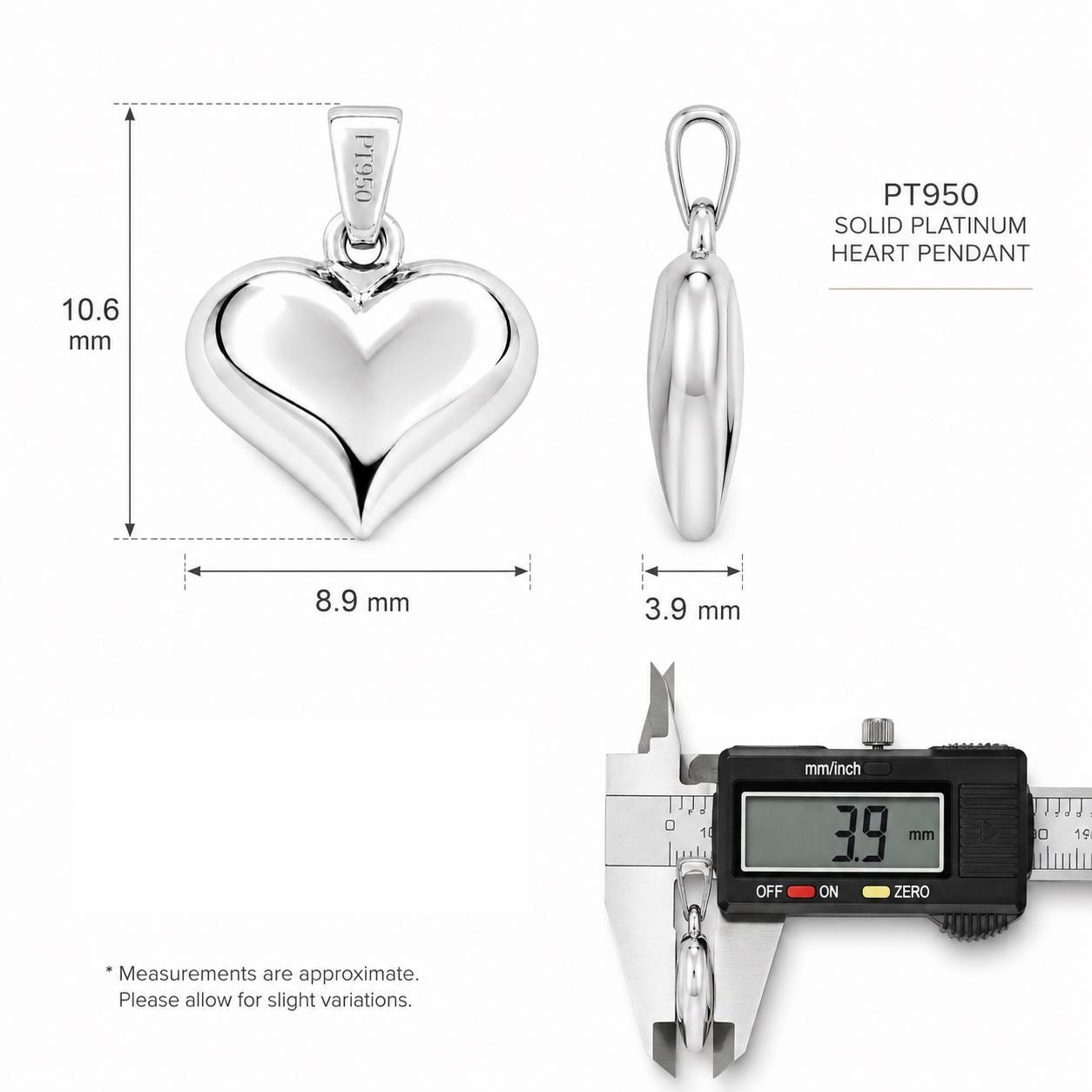 PT950 heart pendant size guide showing 10.6 by 8.9 by 3.9mm