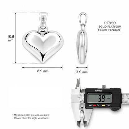 PT950 heart pendant size guide showing 10.6 by 8.9 by 3.9mm