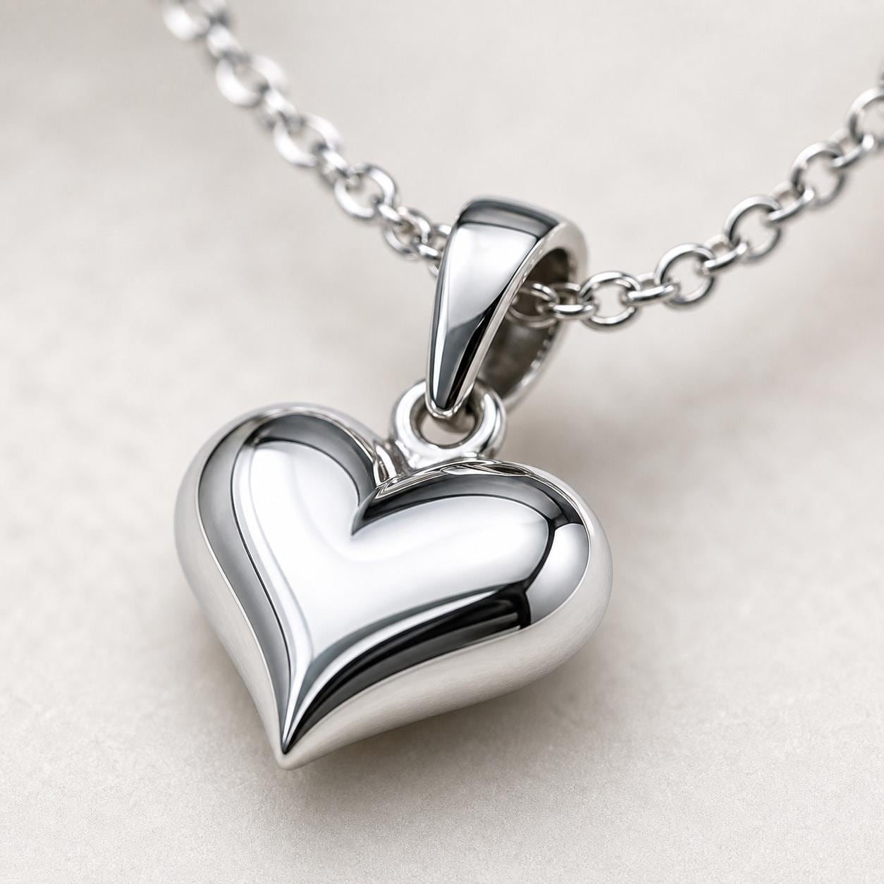 Macro detail of polished platinum heart pendant and integrated bail