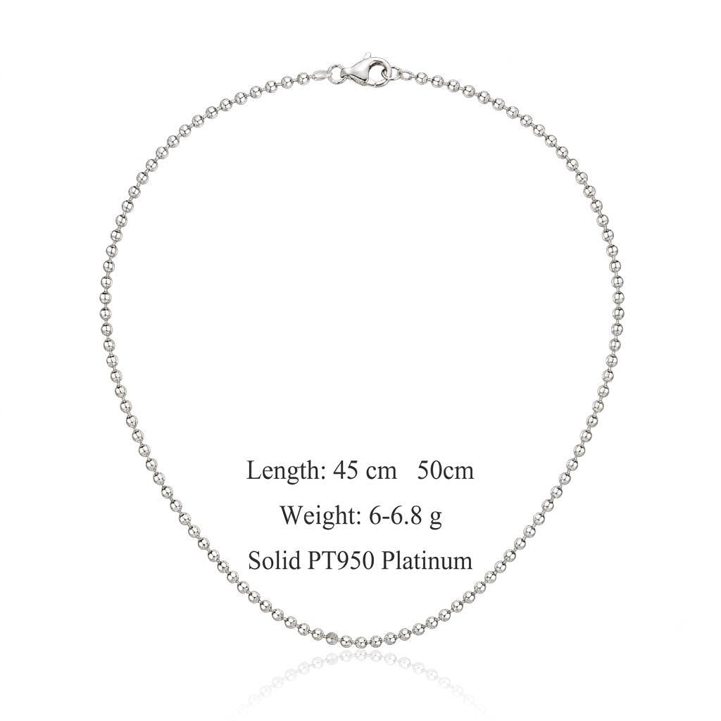 Platinum bead chain guide showing 45 and 50cm lengths and weights