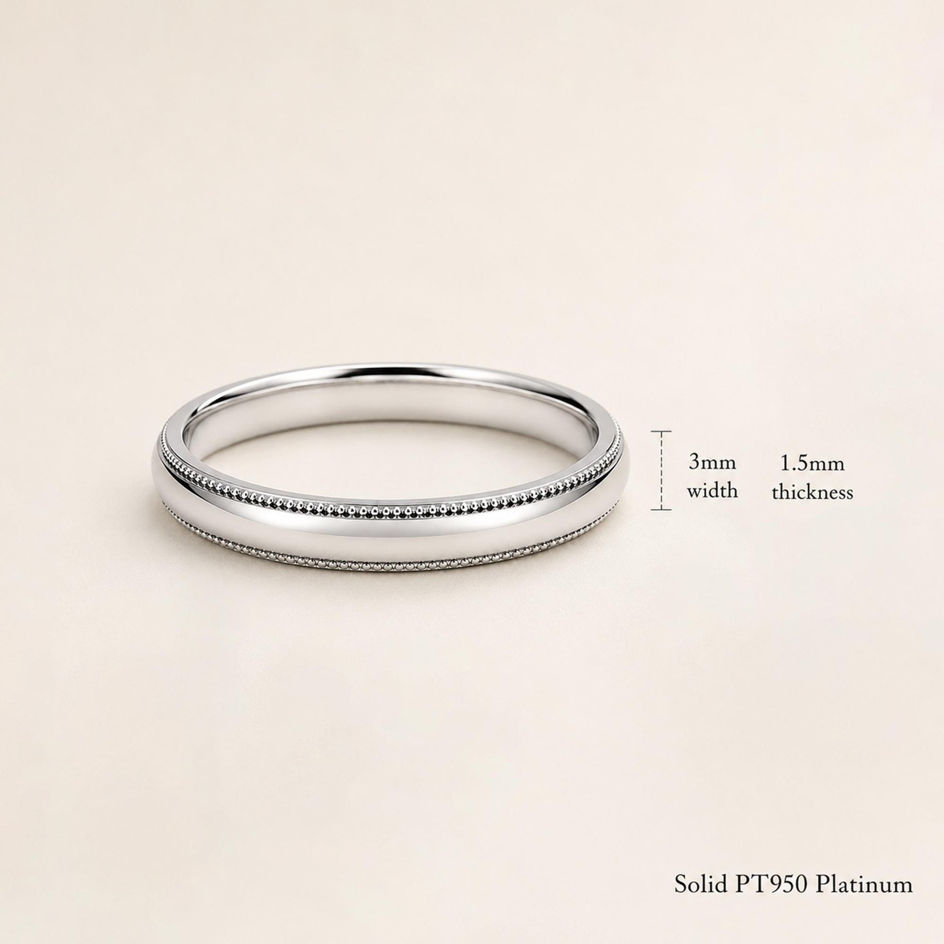 PT950 platinum milgrain wedding band 3mm on-hand view