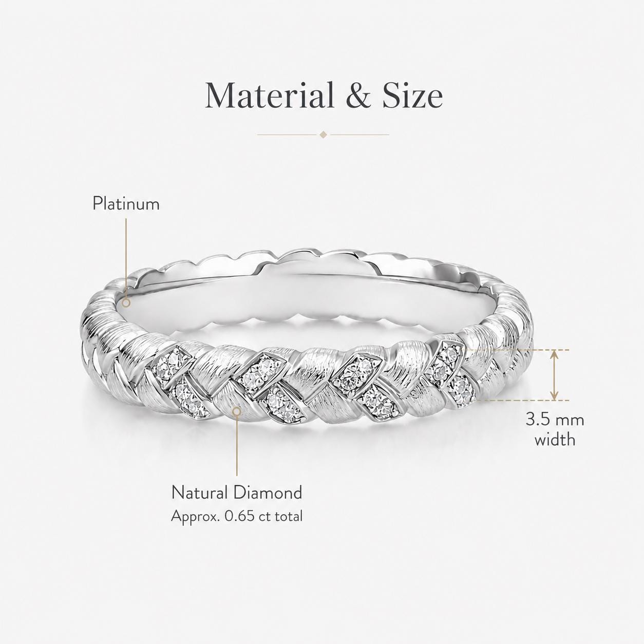PT950 platinum natural diamond textured band 0.65ct material and dimensions specification