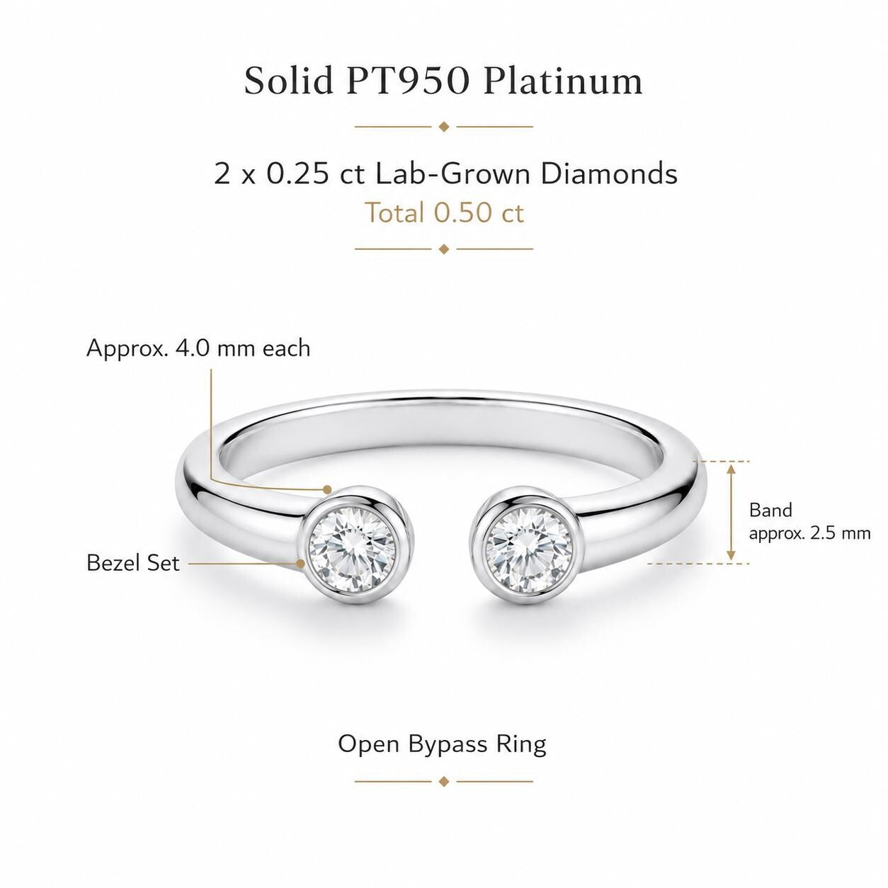 PT950 platinum two-stone lab diamond open ring 0.50ct scale and proportion view