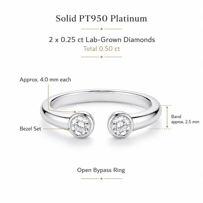 PT950 platinum two-stone lab diamond open ring 0.50ct scale and proportion view
