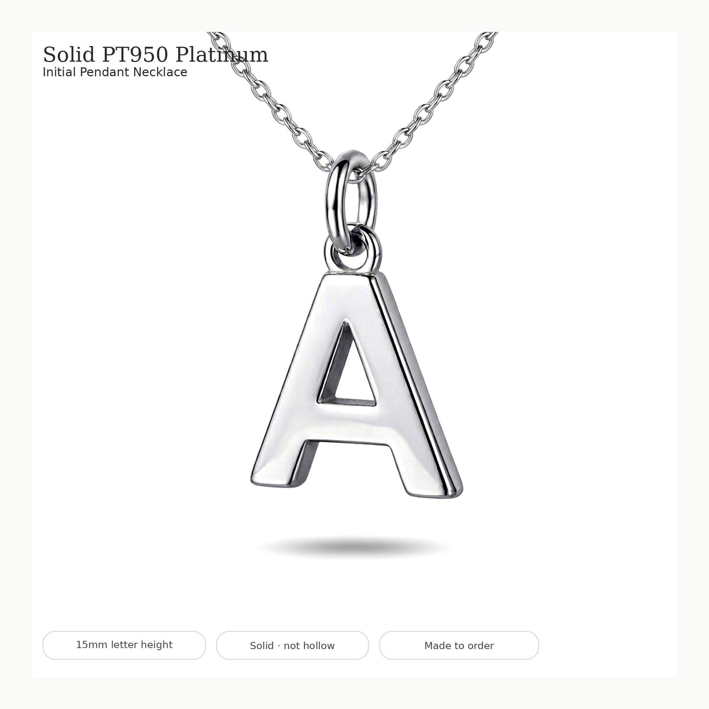 Letter A platinum initial pendant showing 15mm height