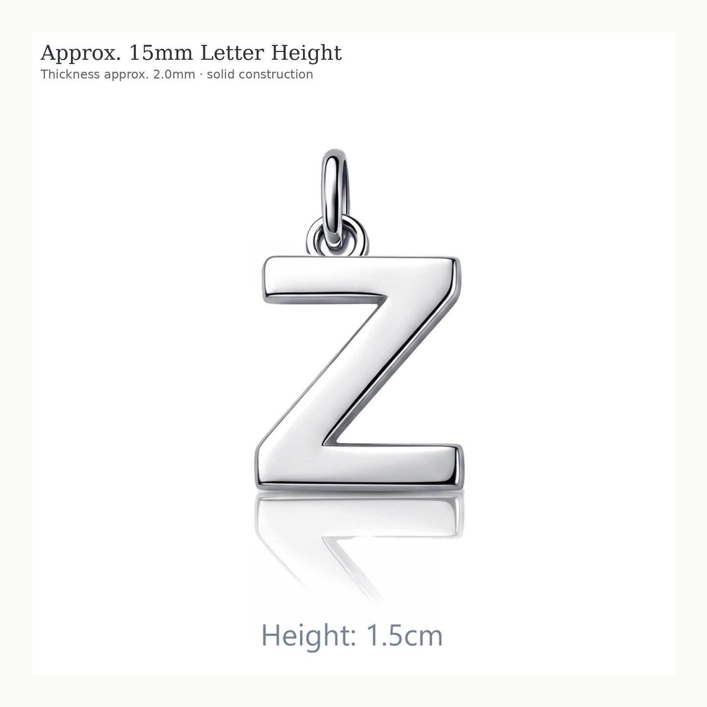 Letter Z solid platinum initial pendant showing 15mm height and 2mm depth
