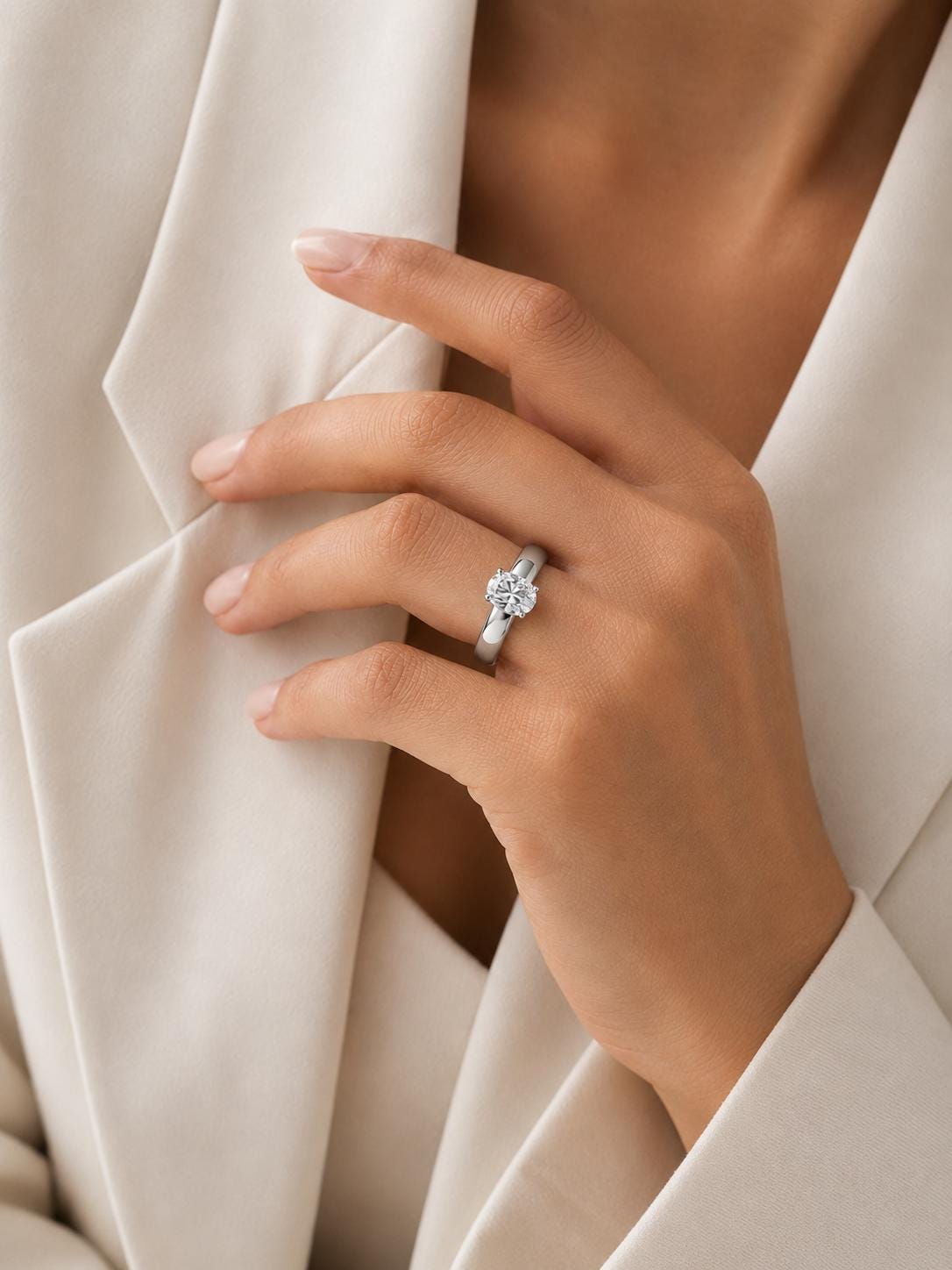 PT950 platinum oval lab diamond solitaire ring worn view