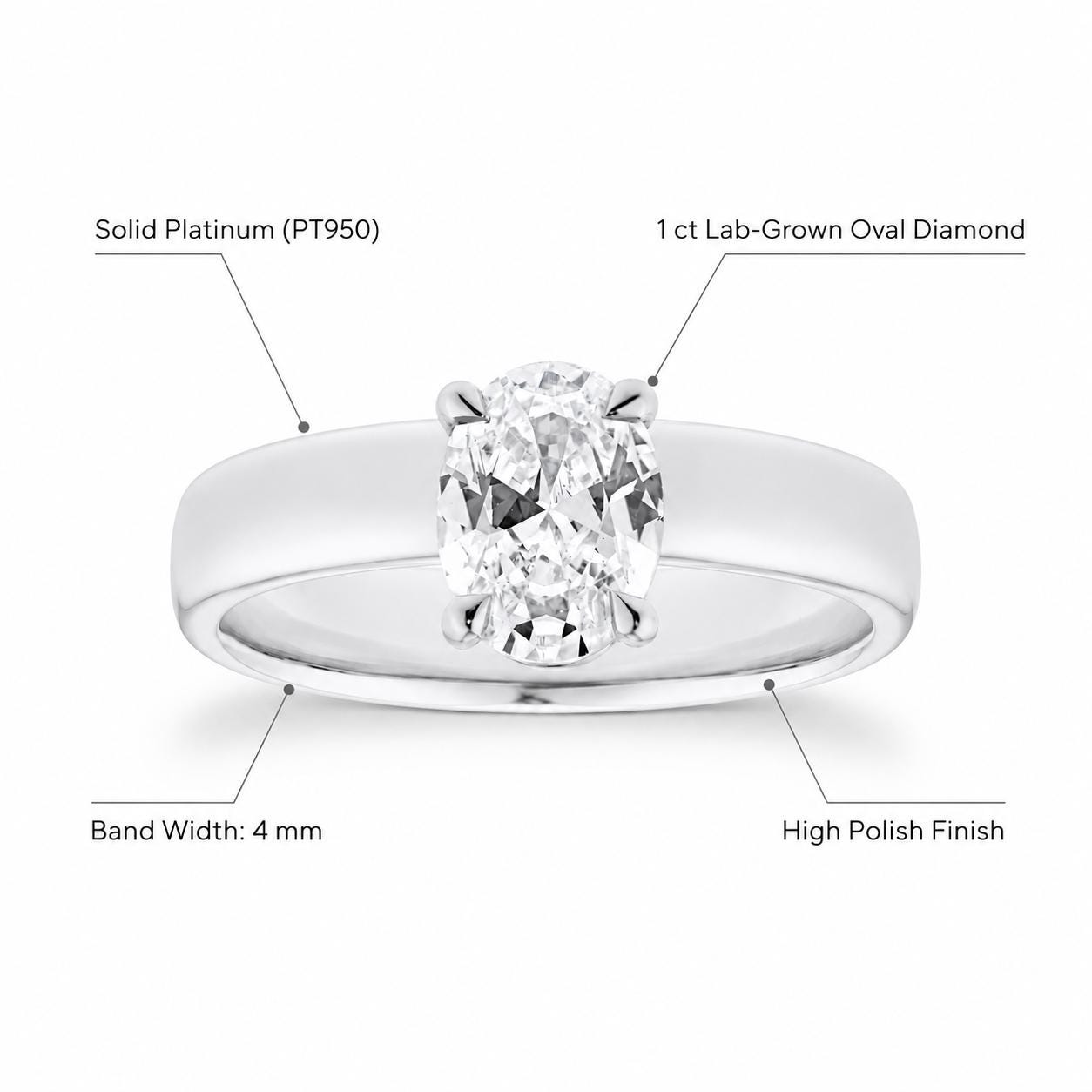 1ct oval lab diamond solitaire ring in PT950 platinum material and dimensions specification
