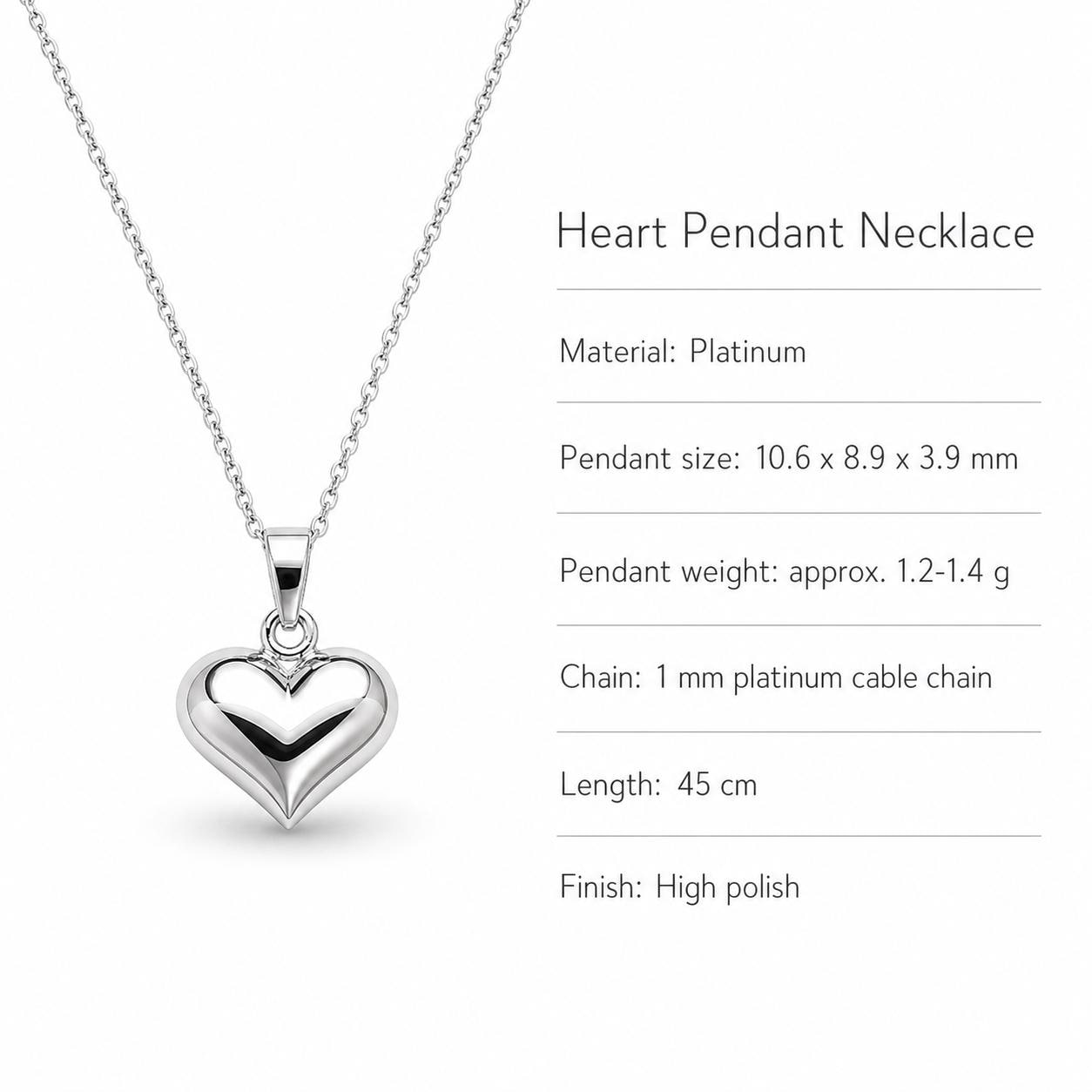 PT950 heart necklace specifications including weight, chain and 45cm length