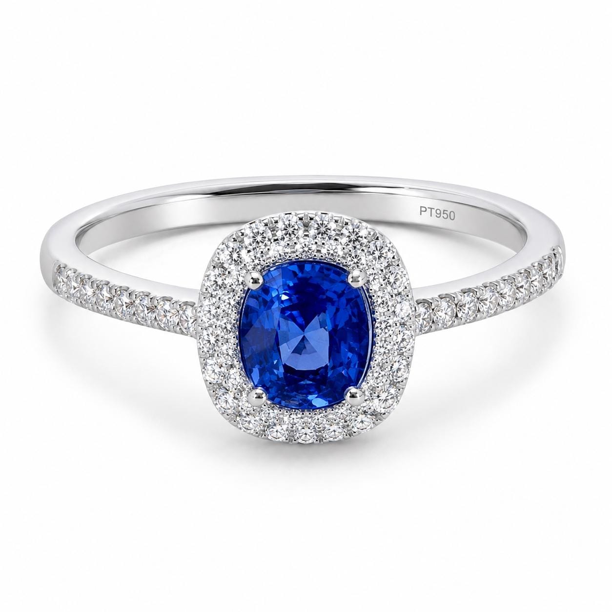 deep blue sapphire and diamond halo ring in PT950 platinum front view