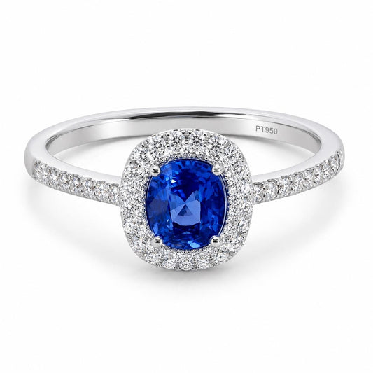 deep blue sapphire and diamond halo ring in PT950 platinum front view