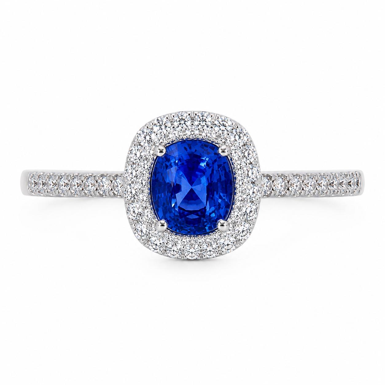 deep blue sapphire and diamond halo ring in PT950 platinum setting and finish detail