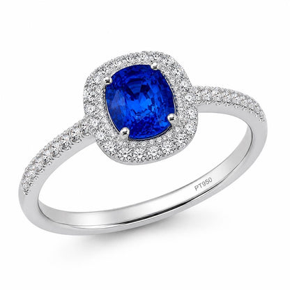 deep blue sapphire and diamond halo ring in PT950 platinum on-hand view