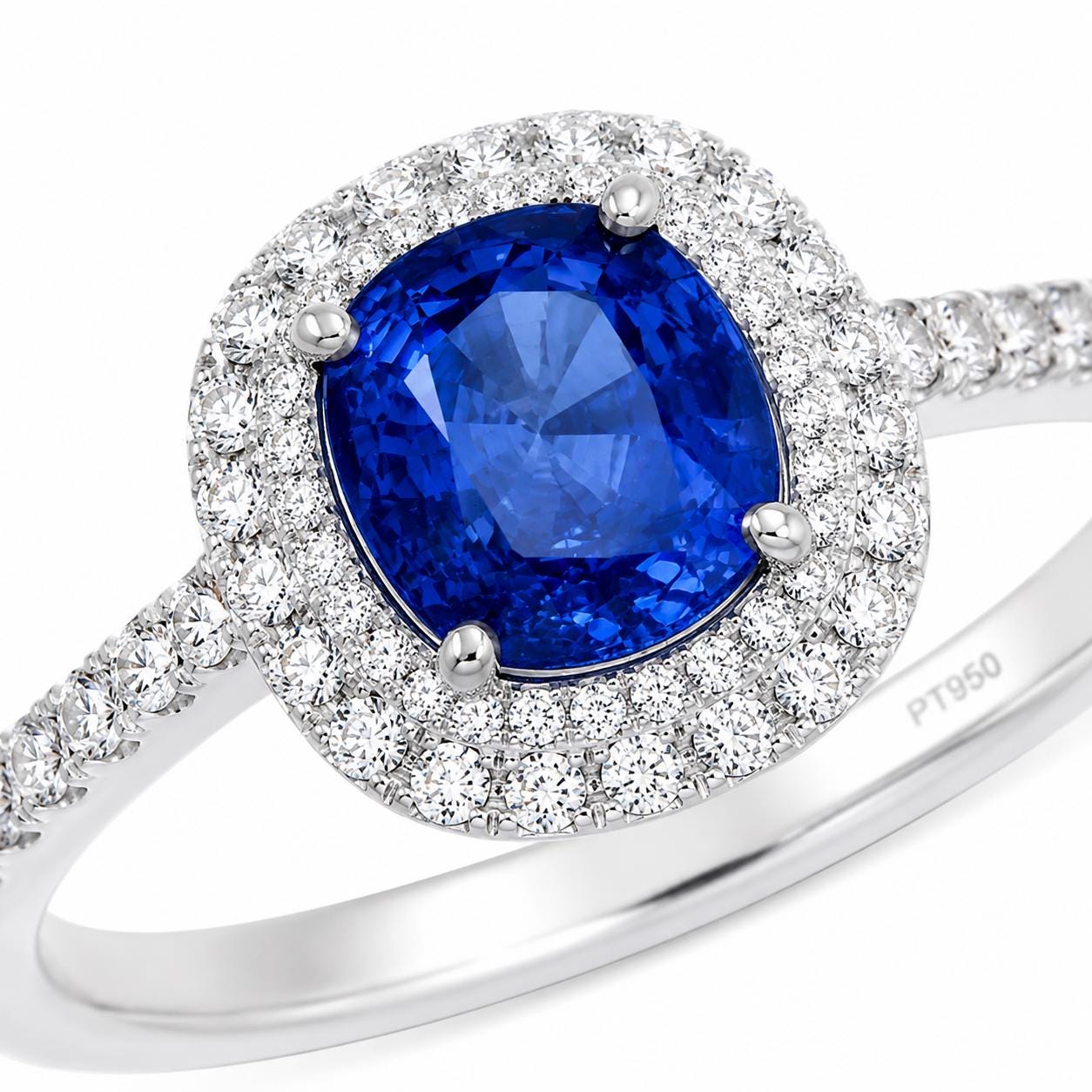 deep blue sapphire and diamond halo ring in PT950 platinum close-up detail