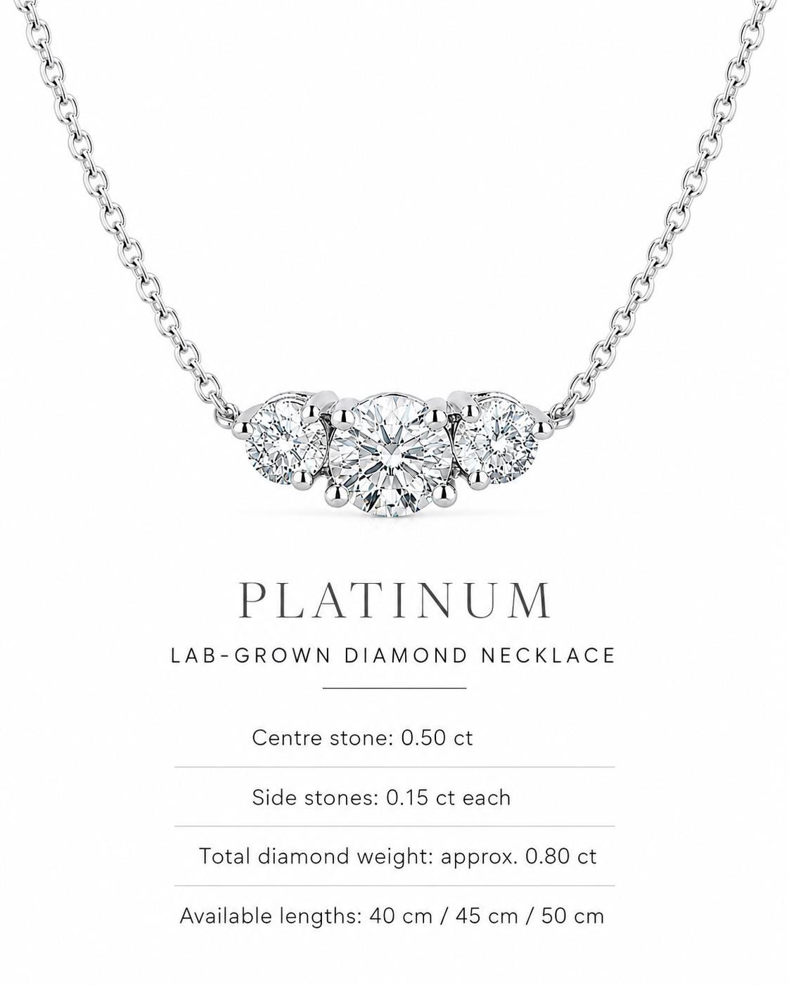 Three-stone diamond necklace guide showing 0.80ct total weight and lengths