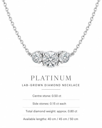 Three-stone diamond necklace guide showing 0.80ct total weight and lengths