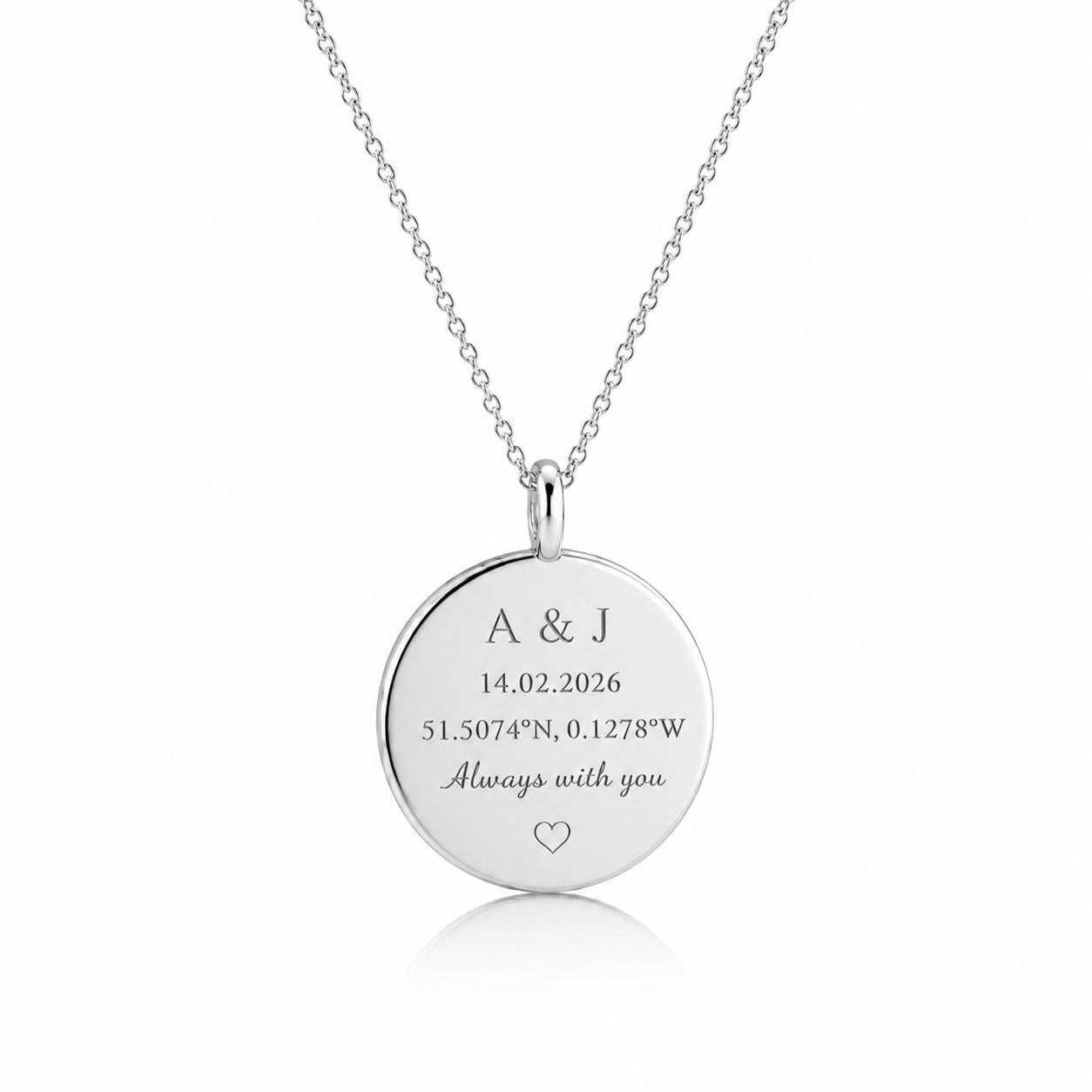 Platinum disc engraving examples with initials, date and coordinates