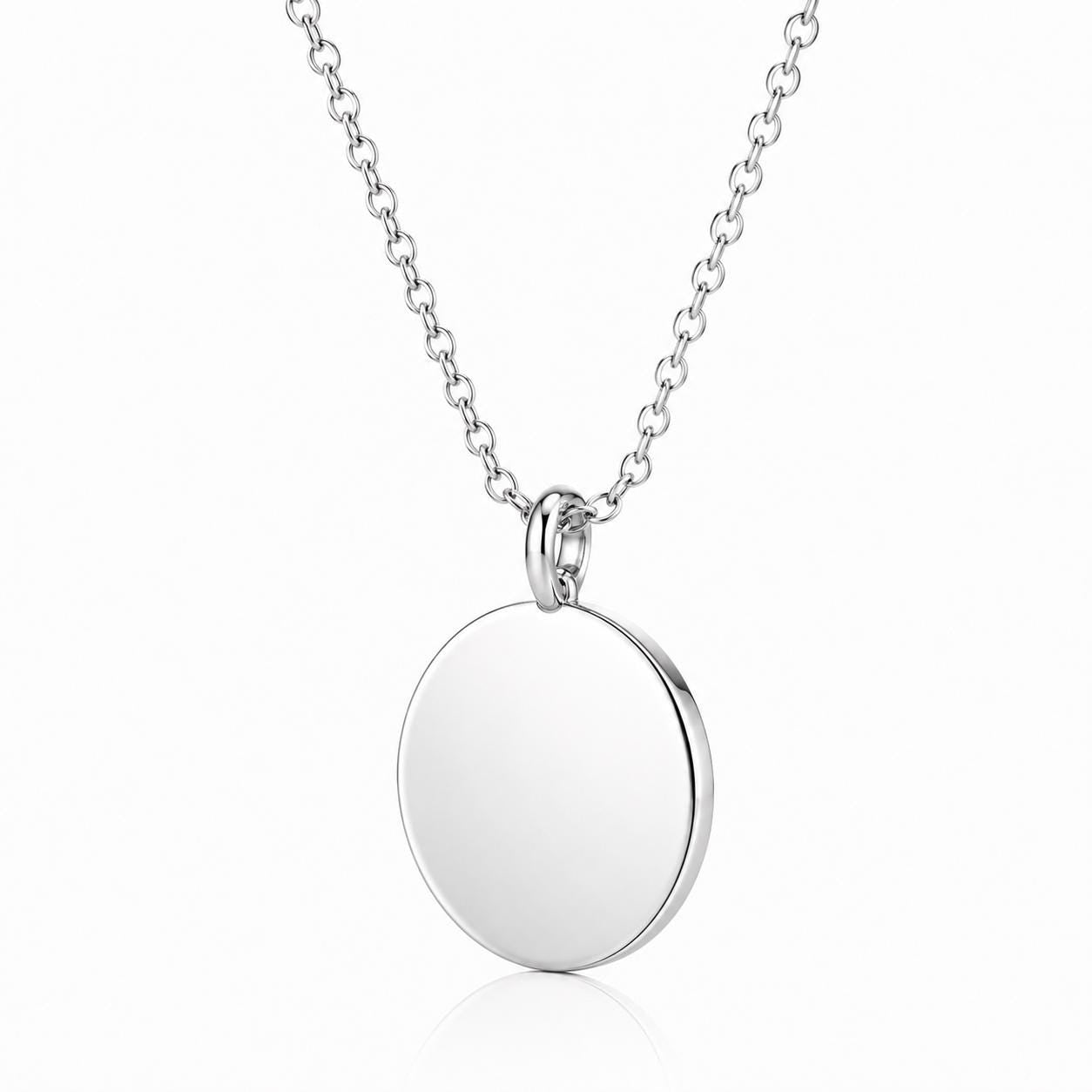 Angled view of polished PT950 platinum disc pendant and bail