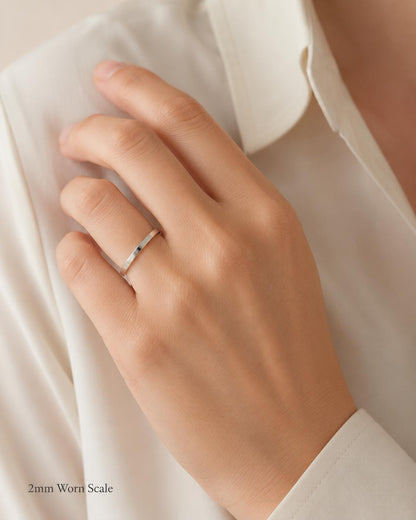 PT950 platinum flat court wedding band in 1.5mm 2mm or 2.5mm on-hand view