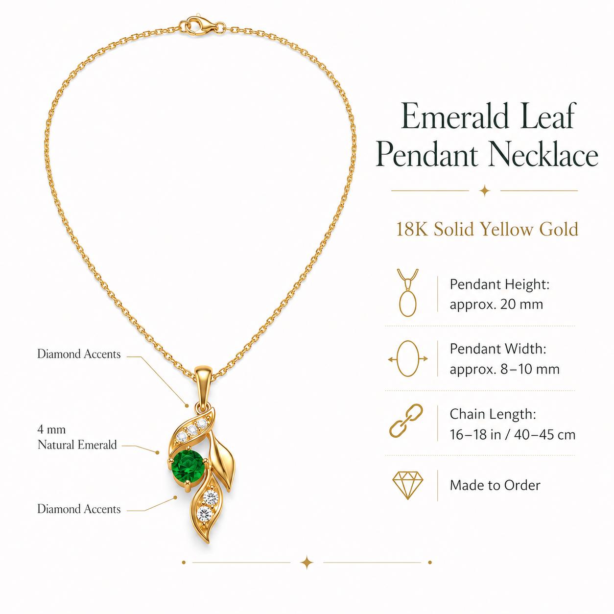 Emerald leaf pendant size guide with 4mm emerald and 16 to 18 inch chain