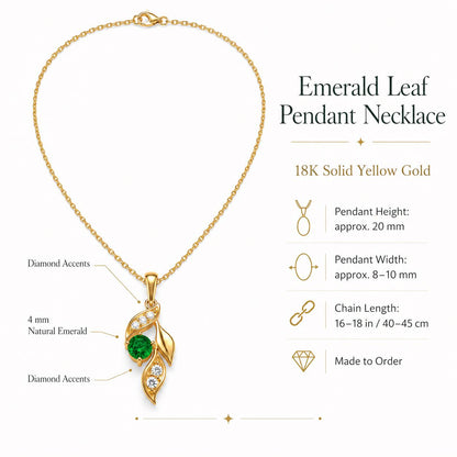 Emerald leaf pendant size guide with 4mm emerald and 16 to 18 inch chain