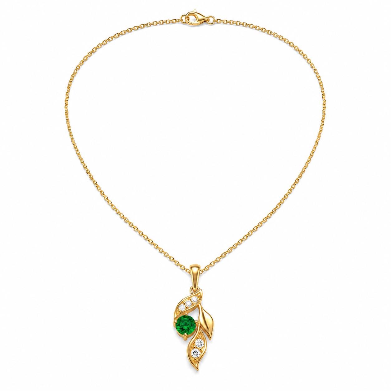Full circular view of 18K gold emerald and diamond leaf necklace