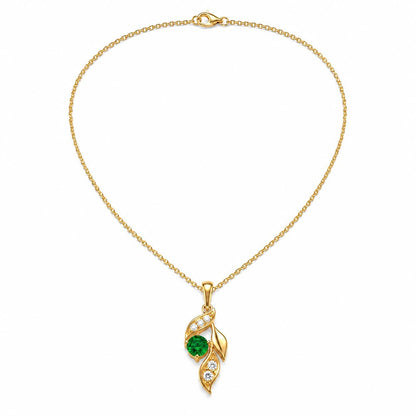 Full circular view of 18K gold emerald and diamond leaf necklace