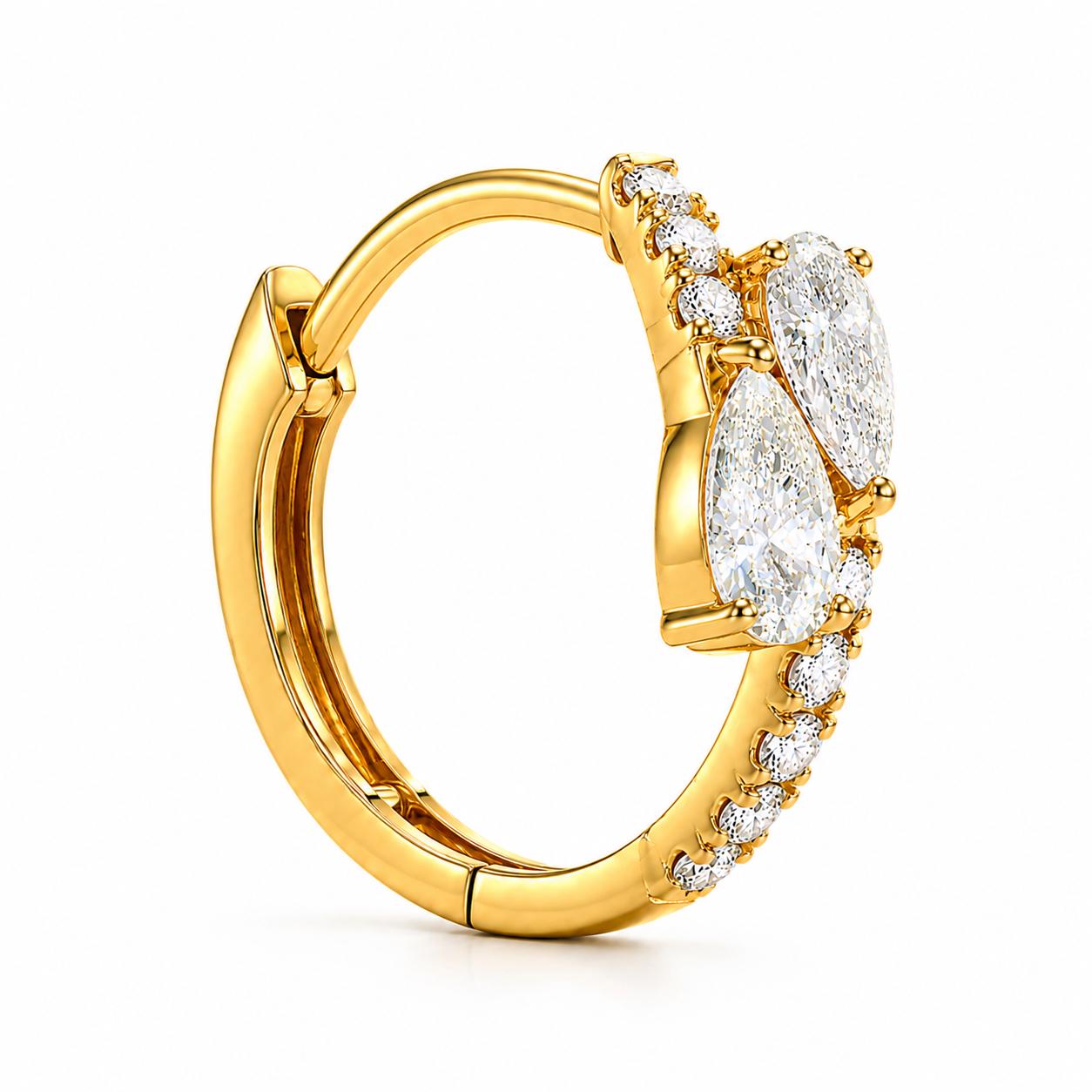Open 18K yellow gold pear cluster diamond huggie hoop