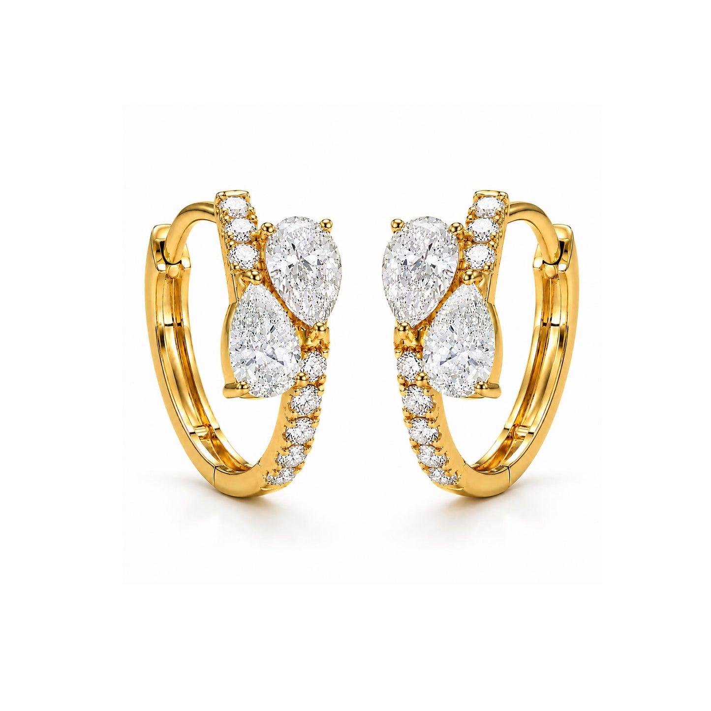 Pair of 18K yellow gold pear cluster diamond huggie earrings